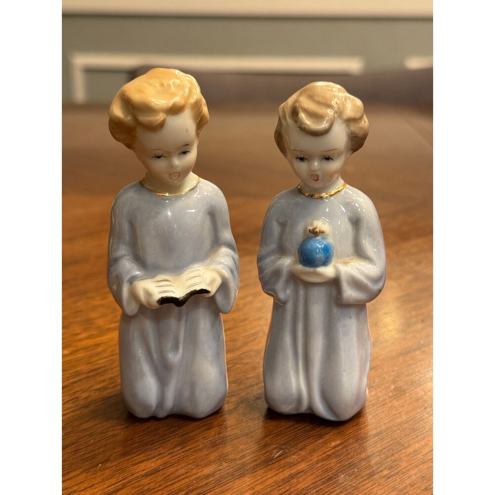 Vintg First Communion Porcelain Figurines Pair Blue Robes Praying Children 1950s
